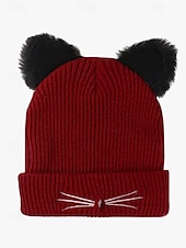 cheap Women&#039;s Hats-Women&#039;s Cute Cat Ear Beanie – Burgundy Knit Hat with Faux Fur Ears and Whisker Embroidery, Cozy and Stylish Winter Accessory