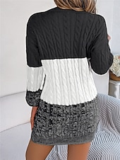 cheap Sweater Dress-Women&#039;s Sweater Sweater Dress Casual Soft Color Block Ribbed Crew Neck Knitted Long Sleeve Long Tops Knit Outdoor Daily Weekend Black Wine Fall Winter