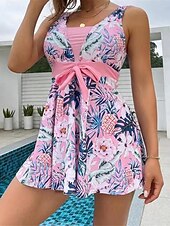 billiga Badessor-Dam Badkläder Tankini 2 st Kaxig Baddräkt Öppen rygg Magkontroll Hög midja Smal Semester Standkläder Blommig Halterneck Ärmlös Baddräkter