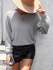 cheap Solid Colors-Women&#039;s Sweater Casual Soft Pure Color Ribbed Crew Neck Lace Patchwork Knitted Long Sleeve Regular Tops Knit Outdoor Daily Weekend Black White Fall Winter