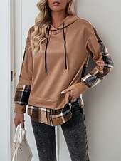 baratos Loja Gráfica Moletons &amp; Capuzes-moletom feminino com capuz casual xadrez rua diário moletom com capuz patchwork estampa manga comprida marrom outono inverno