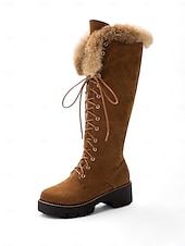 baratos Botas de neve e inverno-botas femininas de camurça sintética com cadarço até o joelho e punhos de pele sintética – calçados de inverno estilosos com sola grossa