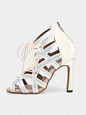 abordables Chaussures de danses latines-chaussures de danse latine en satin pour femmes avec lanières en cristal, bout ouvert et talon aiguille - parfaites pour la danse de salon et la performance