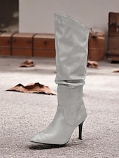 olcso Slouch Boots-női, ezüst színű, domború térdig érő csizma – stílusos hegyes orrú csizma tűsarkúval a divatos megjelenésért
