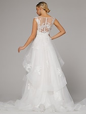 economico Abiti sposa di lusso-abiti da sposa matrimonio sulla spiaggia a-line illusion neck senza maniche lunghezza pavimento corte strascico pizzo abiti da sposa con applicazioni ricamate 2025