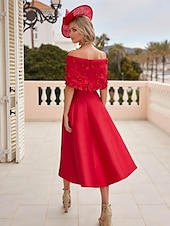 cheap Cocktail Dresses-A-Line Cocktail Dresses Elegant Dress Formal Ankle Length Short Sleeve Off Shoulder Pocket Satin with Appliques Dresses