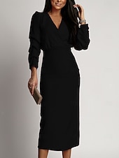 abordables robe noire midi-Robe en maille Robe d&#039;hiver Femme Robe mi-longue Couleur unie Robe chic Bureau Patchwork manche longue Col V Robe Standard Vert militaire Noir Automne Hiver S M L XL XXL