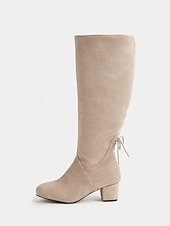 abordables Bottes à la mode-bottes hautes en daim beige à mollet large pour femmes avec talons épais – chaussures confortables et élégantes pour les tenues décontractées et hivernales