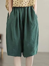 preiswerte Schlichte Hose aus Baumwollleinen-Damen Baggy Shorts Kurze Hosen Knielänge Feste Farbe Dunkelgrün Aprikose Khaki Sommer