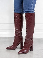 preiswerte Modische Stiefel-burgunderfarbene kniehohe Stiefel mit Krokoprägung für Damen – stylische Stiefel mit spitzer Spitze und Blockabsatz für die Herbst- und Wintermode