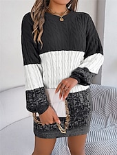 cheap Sweater Dress-Women&#039;s Sweater Sweater Dress Casual Soft Color Block Ribbed Crew Neck Knitted Long Sleeve Long Tops Knit Outdoor Daily Weekend Black Wine Fall Winter