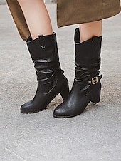 olcso Slouch Boots-barna, térdig érő női csizma csatos részletekkel és blokksarkúval – klasszikus és sokoldalú lábbeli hétköznapi és őszi ruhákhoz