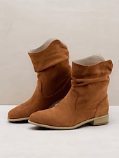 levne Slouch Boots-dámské béžové semišové kotníkové boty – ležérní a pohodlné boty západního stylu na nízkém podpatku