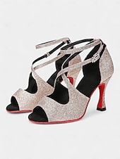 preiswerte Lateinamerikanische Schuhe-Latein-Tanzschuhe für Damen in Goldglitzer mit überkreuzten Riemen, weicher Wildledersohle und offenem Zehenbereich – High-Heel-Performance-Schuhe für Salsa, Tango und Gesellschaftstanz