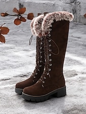 baratos Botas de neve e inverno-botas femininas de camurça sintética com cadarço até o joelho e punhos de pele sintética – calçados de inverno estilosos com sola grossa