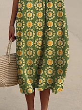 abordables robes imprimées en coton et lin-Femmes Robe maxi Robes inspirées du lin Robe Décontractée Robe en coton et lin Robe évasée Occasionnel Quotidien Coupe régulière Fleuri Demi Manches Col en V Vert Été Printemps Automne