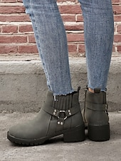 cheap Ankle Boots-Women&#039;s Grey Ankle Boots – Stylish Block Heel with Strap Details, Side Zip, and Rugged Sole for Casual and Outdoor Wear