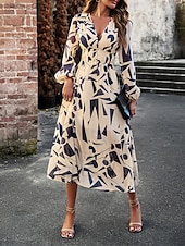 preiswerte Lässige Blumenkleider-Damen Maxidress Casual kleid Schaukelkleid A Linie Kleid Brautkleider schlicht Täglich Regular Fit Blumen Langarm V Ausschnitt Rote Blau Aprikose Sommer Frühling Herbst