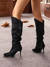 olcso Slouch Boots-női, ezüst színű, domború térdig érő csizma – stílusos hegyes orrú csizma tűsarkúval a divatos megjelenésért