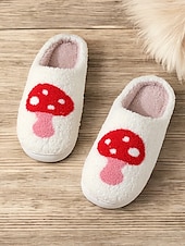 economico Ciabatte e infradito da donna-pantofole da interno nere comode da donna con ricamo a forma di fungo rosso - fodera in peluche, suola antiscivolo, perfette per il relax invernale in casa