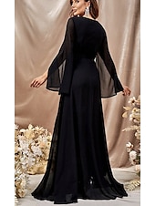 economico NERO-Abito da soirée a linea A elegante per matrimoni con strascico  strascico a spazzola maniche lunghe scollatura a V in chiffon con glitter