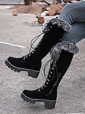 baratos Botas de neve e inverno-botas femininas de camurça sintética com cadarço até o joelho e punhos de pele sintética – calçados de inverno estilosos com sola grossa