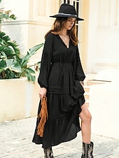 abordables robe longue noire-robe noire à volants en patchwork pour femme, robe longue, maxi, manches lanternes, élégante, décontractée, unie, col en V, manches longues, rendez-vous quotidien, été, printemps, noir