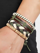 cheap Men&#039;s Jewelry-Men&#039;s Vintage Woven Bracelet Set – Multi-Layered Braided Leather and Rope Bracelets with Natural Bead Accents, Boho Style Accessory