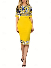 billiga Bodycon-festklänningar-Dam Arbetsklänning Skiftklänning Elegant Kontor Dagligen Midiklänning Mönster Rund hals Halvlång ärm Blommig Smal Gul Blå Vår Höst S M L XL 2XL
