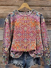 billige Boho topper-Dame Grafisk Fritid Langermet Crew-hals Vanlige topper Hverdag Avslappet Trykt mønster Rosa Høst Vinter