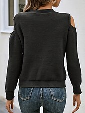 billiga Solida färger-Dam Tröja Ledigt Mjukt Ren färg Kabel Rund hals Stickat Kall axel Långärmad Vanliga toppar Sticka Utomhus Dagligen Helgen Svart Höst Vinter