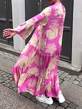 abordables Robes de vacances-robe longue à fleurs pour femmes, col fendu, manches longues, été, printemps