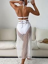 preiswerte 3-teiliges Bikini-Set-Damen Bikini 2-teiliges Schwimmbad Rock Slim Rückensfrei Urlaub Strandbekleidung Einfarbig Halterneck Ärmellose Badeanzüge