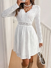 voordelige Witte kanten jurken-Dames Witte jurk Mini-jurk Kant Lapwerk Casual V-hals Lange mouw Wit Kleur