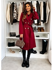 cheap Coats &amp; Trench Coats-Women&#039;s Coat Warm Comfortable Buttons With Belt Elegant Solid Color Casual Daily Double Breasted Lapel Regular Fit Long Sleeve Outerwear Black Red Apricot Winter