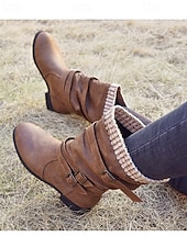 tanie Buty typu slouch-damskie buty ze skóry ekologicznej do połowy łydki z dzianinowym mankietem i podwójnymi paskami ze sprzączką – wygodne i stylowe obuwie zimowe