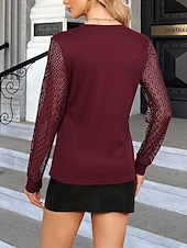 abordables Hauts en dentelle-Blouses Élégantes en Dentelle Top en Dentelle à Oeillets Décontractée Couleur Unie Regular Tops Manches Longues Col en V Dentelle Patchwork Ajustement Normal Quotidien Noir Vin Romantique Petits Tops