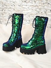 abordables Botas con plataforma-Botas de plataforma con cordones y lentejuelas para mujer: botas de tacón grueso brillantes en verde y azul para fiestas, festivales y cosplay
