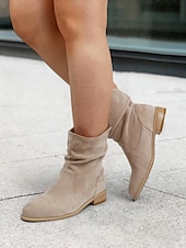 levne Slouch Boots-dámské béžové semišové kotníkové boty – ležérní a pohodlné boty západního stylu na nízkém podpatku