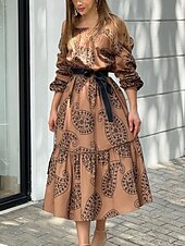 preiswerte Elegante Blumenkleider-Damen Maxidress Casual kleid Schaukelkleid A Linie Kleid Brautkleider schlicht Täglich Regular Fit Blumen Langarm Schulterfrei Braun Sommer Frühling Herbst