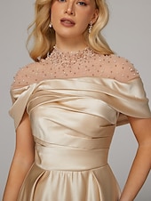 cheap CHAMPAGNE-A-Line Evening Gown Elegant Dress Formal Floor Length Short Sleeve Illusion Neck Satin with Ruched Beading