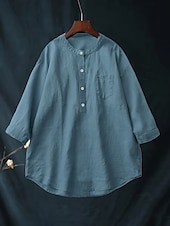 cheap Shirts-Women&#039;s Plus Size Linen-Inspired Shirts Blouse Solid Color Casual 3/4 Length Sleeve Shirt Collar Regular Tops Daily Blue Spring &amp;  Fall