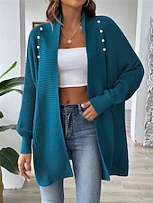 billiga Öppen front cardigan-Dam Tröja Kofta Ledigt Mjukt Ren färg Ribbad Öppen front Pärlor Stickat Långärmad Långa toppar Sticka Utomhus Dagligen Helgen Svart Blå Höst Vinter