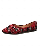 abordables Ballerines femme-ballerines à carreaux tartan rouges pour femmes – chaussures à enfiler au design noué festif pour les vacances et les tenues décontractées