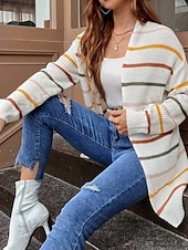 abordables Cardigans et vêtements d&#039;extérieur-Femme Gilet Cardigan Elégant Mode du quotidien Rayé Ouvrir le devant Tricoté manche longue Hauts longs Tricoter Sortie Fin de semaine Noir Blanche Automne Hiver