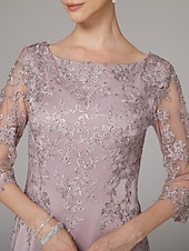 tanie Długość podłogi-Sukienka sheath na plażę Sukienka matki panny młodej Elegancka Dekolt bateau Długość do podłogi Satyna 3/4 długości rękaw z aplikacjami koronkowymi