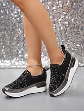 billige Sneakers til kvinner-svarte slip-on joggesko for kvinner med glitterpynt og plattformsåle – stilige fritidssko for hverdagsbruk