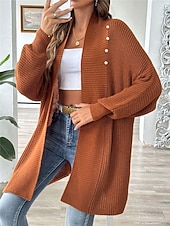 billiga Öppen front cardigan-Dam Tröja Kofta Ledigt Mjukt Ren färg Ribbad Öppen front Pärlor Stickat Långärmad Långa toppar Sticka Utomhus Dagligen Helgen Svart Blå Höst Vinter