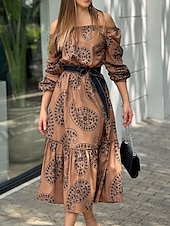 preiswerte Elegante Blumenkleider-Damen Maxidress Casual kleid Schaukelkleid A Linie Kleid Brautkleider schlicht Täglich Regular Fit Blumen Langarm Schulterfrei Braun Sommer Frühling Herbst