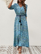 abordables Robes Bohémiennes-Femme Robe Maxi Robe casual Robe Évasée Robe Trapèze robe boheme Décontractées du quotidien Standard Floral Cachemire Demi Manches Col V Bleu Marron Eté Printemps Automne